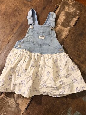 OshKosh Light Blue Denim Bib Overall Dress with Cream Floral Skirt